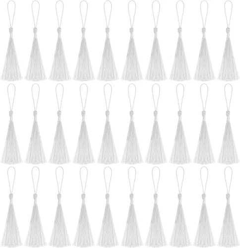 Miniatura 11 de VAPKER 30 borlas negras de 5.1 in/5 pulgadas, sedosas, hechas a mano, suaves, con lazo de cordón de 2 pulgadas para hacer joyas, proyectos