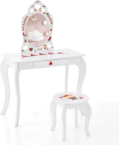 Miniatura 9 de Costzon Juego de tocador para niñas, juego de tocador con espejo y taburete, cajón de almacenamiento, tocador de maquillaje para niñas pequeñas