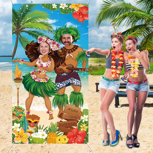 Miniatura 2 de HiParty Decoraciones de fiesta hawaiana Luau, pancarta de fotos de pareja Luau, accesorios de fotos de Tiki Luau para fiesta en la playa, pancarta