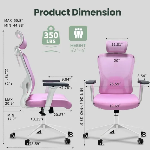 Miniatura 2 de Silla de oficina ergonómica - Silla de oficina de malla de 350LB con lumbar ajustable, silla de escritorio de computadora de respaldo alto