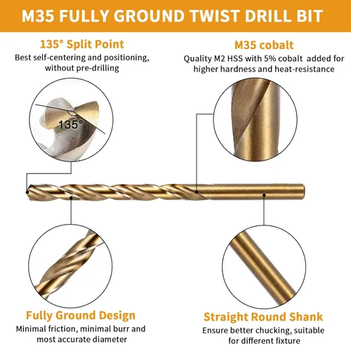 Miniatura 2 de Juego de brocas de cobalto de 1/4 de pulgada, brocas helicoidales M35 Jobber, adecuadas para perforar en metal duro, acero inoxidable, hierro