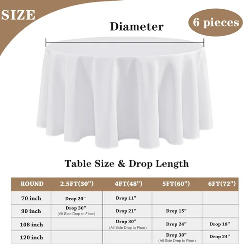 Miniatura 5 de Fitable - Paquete de 6 manteles redondos blancos - 120 pulgadas de diámetro - Manteles resistentes a las manchas y lavables, manteles de poliéster