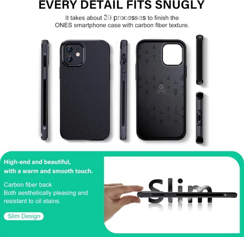 Miniatura 5 de ONES Funda delgada para iPhone 12 Mini, funda protectora de fibra de carbono a prueba de golpes con diseño minimalista y prevención de huellas Negro