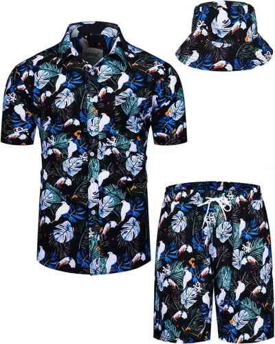 Miniatura 61 de TUNEVUSE Conjunto de camisas y pantalones cortos hawaianos para hombre, 2 piezas, trajes de playa con estampado de flores, traje tropical de verano