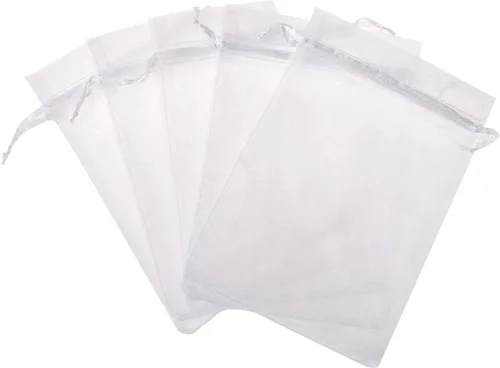 50 bolsas para envolver regalo de 5 x 7 pulgadas, tela de tul transparente de organza, bolsa de cordón blanco para baby shower, fiesta de