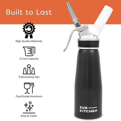Miniatura 4 de EurKitchen - Dispensador profesional de crema batida de aluminio, recipiente para cremas sin fugas, 3 boquillas de decoración y cepillo de limpieza