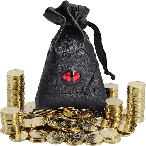 CZYY - Monedas de metal de fantasía, 50 fichas de dragón de oro antiguo con bolsa | Heavy Metal Feel, Dragon Front and Compass Back, Use for DND,