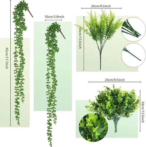 Miniatura 3 de Zeyune Juego de 48 plantas y flores colgantes falsas, ramo de flores de orquídeas coloridas, helecho boston, plástico, eucalipto, cesta suculenta