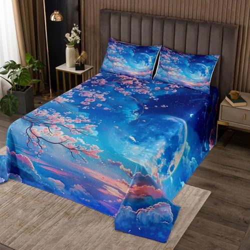 Manfei Colcha de flores de cerezo tamaño individual, juego de colcha de cielo estrellado de nubes de luna, decoración de habitación para niñas y