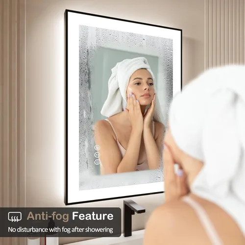 Miniatura 5 de Espejo de baño LED de 24x30 pulgadas con marco negro, espejos de baño retroiluminados y con luz frontal para pared, antiempañamiento, regulable