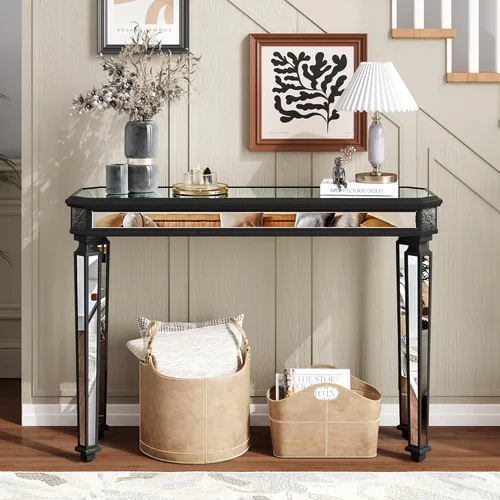 Mesa Consola Negra con Espejo, Mesa de Sofá de Cristal Rectangular de 48 pulgadas con Elementos Tallados Vintage con Espejo, Muebles de Espejo