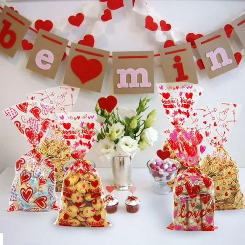 Miniatura 5 de ZMCINER 120 unidades de bolsas de celofán para dulces de San Valentín con lazos giratorios para fiestas y suministros de regalo Valentines