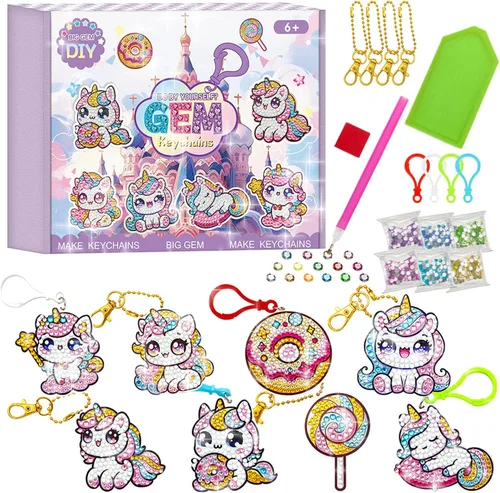 Miniatura 10 de CAYUDEN Llaveros de pintura artística de diamante, 15 piezas de llaveros de diamantes 5D para niños, llavero de pintura de diamante de sirena