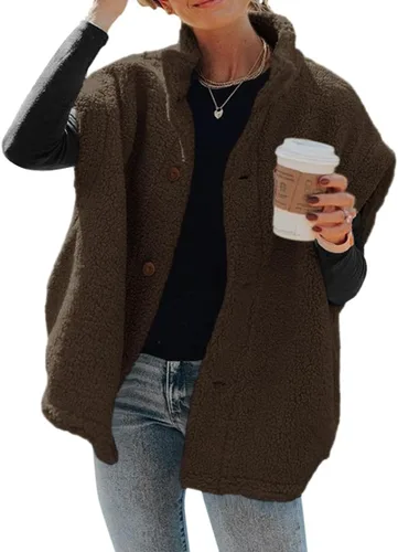 Miniatura 68 de Hongqizo - Chaleco de forro polar mullido para mujer, casual, de gran tamaño, cálido, con botones, chaqueta de sherpa con bolsillos