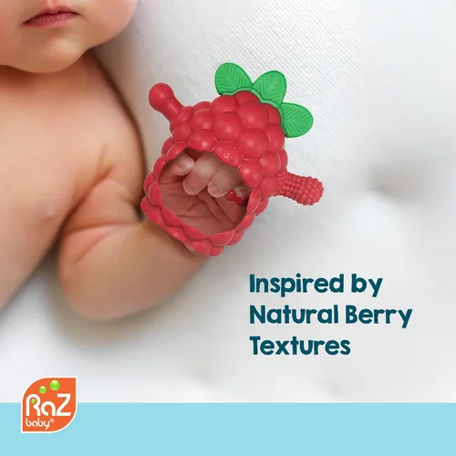 Miniatura 8 de RaZbaby RaZberry - Mordedor de silicona con agarre para bebés de 3M+ Mordedor de mano resistente a caídas para bebés y lactantes - Diseñado por