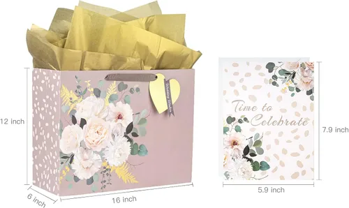 Miniatura 6 de MAYPLUSS Bolsa de regalo extra grande de 16 pulgadas con tarjeta de felicitación y papel de seda para boda, cumpleaños, diseño floral dorado