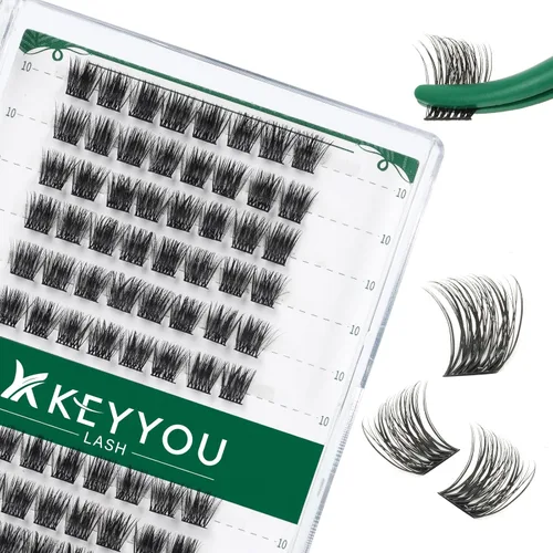Miniatura 35 de KEYYOU Racimos de pestañas, 96 piezas de extensiones de pestañas DIY, rizado D de 16 mm, negro, realista, no irritante, fácil de colocar en casa