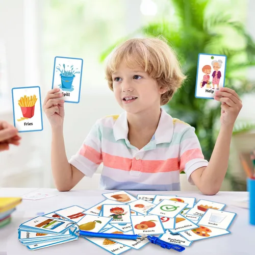 Miniatura 3 de Equsion 81 tarjetas de comunicación para autismo, tablero de comunicación no verbal, tarjetas para autismo con cordón de resorte de plástico Azul