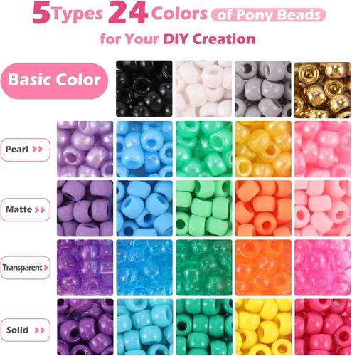 Miniatura 3 de Miss Rabbit Cuentas de pony de 24 colores para la fabricación de joyas, cuentas de pelo para trenzas con cuentas de pelo, kit de pulseras Kandi 24