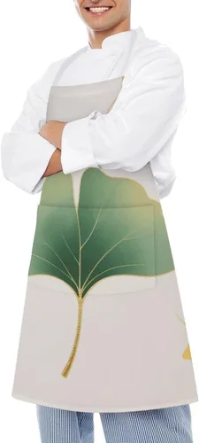 Miniatura 4 de MUSM Apron for Adults - 27.6 X 31.5 Inch, Heavy-Duty Polyester Aprons with Two Large Pockets, Waterproof Green Ginkgo Leaves Kitchen Apron for