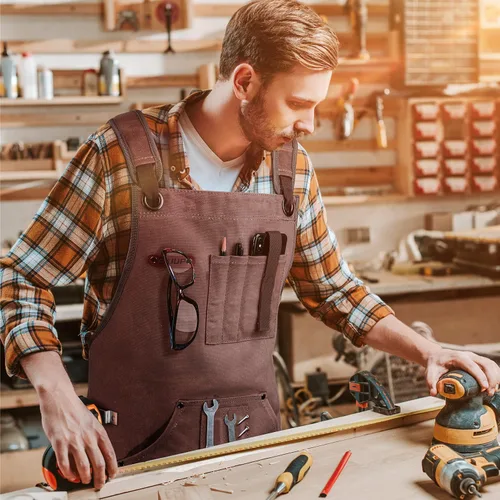 Miniatura 7 de Delantal de carpintería para hombres, delantal de trabajo de lona de 20 onzas con 9 bolsillos para herramientas, delantal de trabajo de madera Marrón