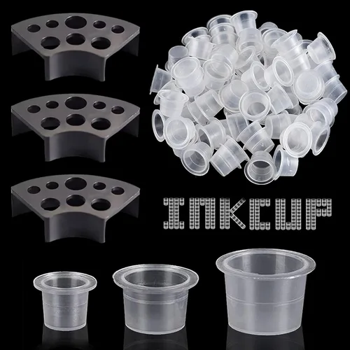 Tapas de tinta de tatuaje con portavasos, 300 vasos de tinta de tatuaje de tamaño mixto, 100 pequeños, 100, medianos, 100 grandes, con 3 soportes