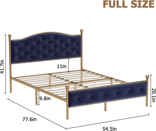 Miniatura 7 de Base de cama tapizada de tamaño matrimonial con botones y tela de terciopelo, base de colchón resistente con marco de metal y listones de madera