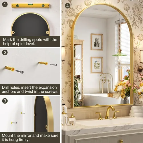 Miniatura 6 de Brightify - Espejo arqueado dorado de 24 x 32 pulgadas, espejo de pared con marco de metal de latón para baño, espejo arqueado superior para tocador