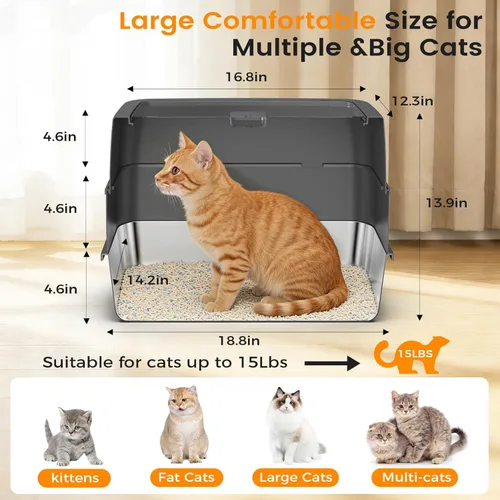 Miniatura 3 de Caja de arena de acero inoxidable con tapa, caja de arena grande cerrada para gatos y gatos múltiples, tapa abatible fácil de limpiar, bandeja
