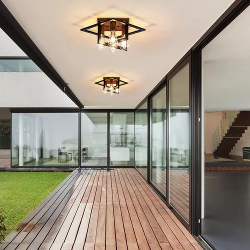 Miniatura 8 de Lámpara de techo semiempotrada, lámpara de techo industrial de 4 luces con marco negro y detalle de grano de madera, iluminación de granja cerca