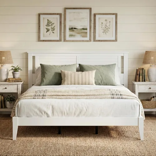 Miniatura 18 de ComfIQ Cama de plataforma de madera maciza con listones de madera, marco duradero, no requiere somier, amplio almacenamiento debajo de la cama, Pino