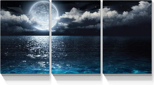 Miniatura 16 de YONICA Lienzo decorativo de 3 paneles para decoración del hogar, mar azul, puesta de sol y playa, pintura, impresión sobre lienzo, paisaje marino