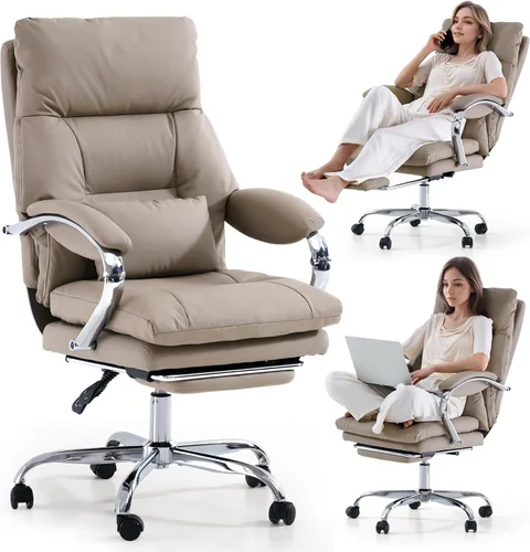 Miniatura 8 de LEAGOO Silla de oficina reclinable con reposapiés, sillas de oficina ejecutivas con brazos, ergonómicas de cuero sintético con respaldo alto, Caqui