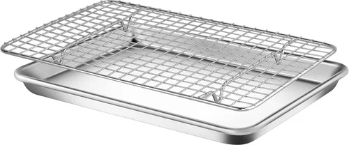 NutriChef Bandeja de aluminio para hornear con estante de enfriamiento, bandeja gruesa y duradera para hornear pasteles, galletas, tocino y más, sin