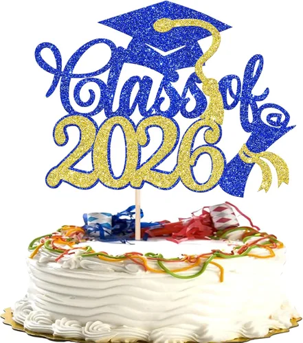 Miniatura 29 de Rsstarxi 1 paquete de decoración de pastel con purpurina para la clase de 2026, decoraciones de graduación 2026, tapa de felicitaciones