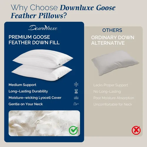 Miniatura 9 de downluxe Juego de 2 almohadas de plumas de ganso y plumón, colección de hotel, para dormir de espalda, estómago o de lado, tamaño Queen