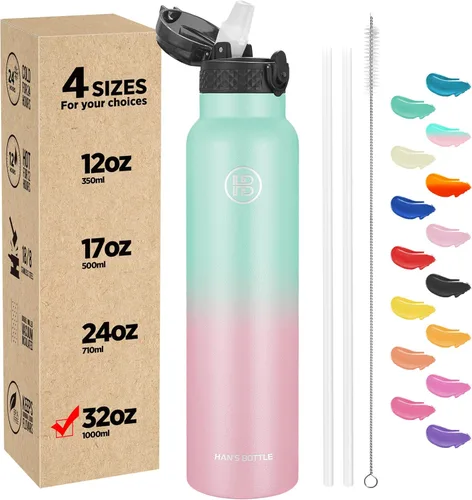 Miniatura 40 de Han's Bottle - Botella de agua para niños con tapa con pajilla - Vaso reutilizable de acero inoxidable aislado para niñas, niños, taza termo, 17