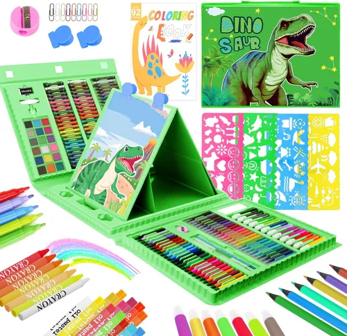 homicozy Suministros de arte para niños de 4 a 12 años, estuche de arte con juegos de dibujo de dinosaurios, kits de colorear con caballete triple