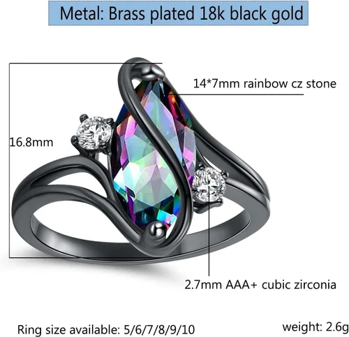 Miniatura 3 de 18K Black Gold Plated Rainbow CZOpal Marquise Rings for Women Cocktail Promise Eternity Band Party Birthday Gifts Fashion Jewelry