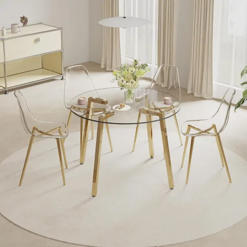 Miniatura 2 de Juego de mesa de comedor redonda de vidrio para 4, juego de mesa de comedor circular moderno de 42 pulgadas, mesa de cocina pequeña de 5 piezas