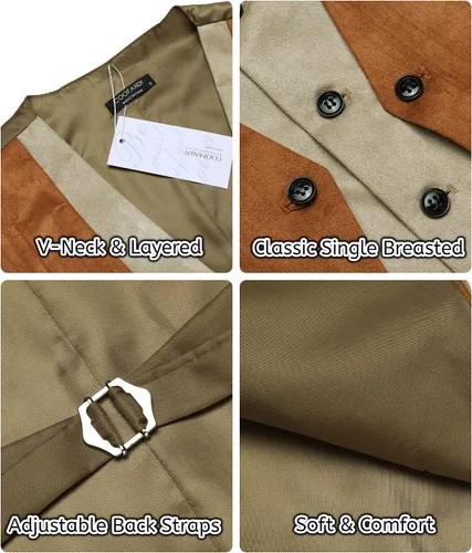 Miniatura 5 de COOFANDY Chaleco de cuero de ante para hombre, estilo en capas, chaleco de vestir