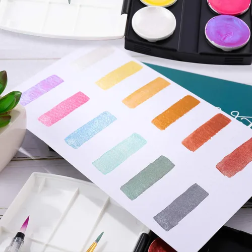 Miniatura 3 de Dyvicl Juego de pintura de acuarela metálica con purpurina, 12 acuarelas que cambian de color brillante, caja portátil con cepillo de agua, pinturas