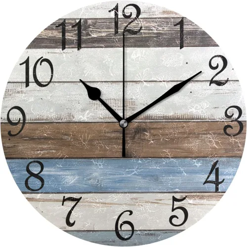 Miniatura 17 de Reloj de pared rústico retro con puerta de granero de madera, marrón, azul, funciona con pilas, silencioso, sin tictac, 10 pulgadas, reloj de mesa