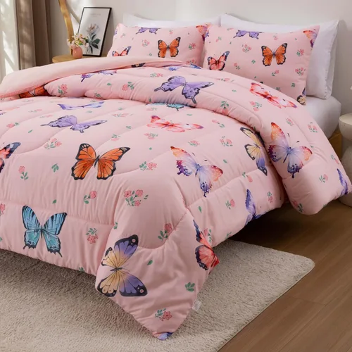 Miniatura 4 de Btargot Juego de edredón de 3 piezas con diseño de mariposas para niños, juego de cama con estampado de flores coloridas para mujeres y niñas