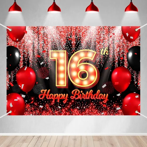Miniatura 15 de Telón de Fondo Banner de Feliz 10º Cumpleaños Tema Negro y Rojo con Fondo de Neón Brillante y Moda para Fiesta de Cumpleaños Fotografía Accesorio