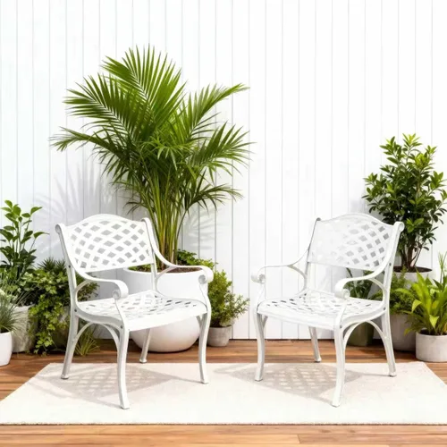 Miniatura 11 de Juego de 2 sillas de comedor de aluminio fundido para exteriores, juego de sillas de bistró para patio con reposabrazos, sillas de comedor