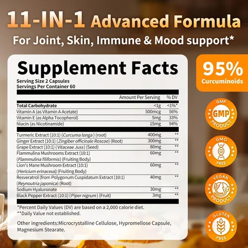 Miniatura 2 de Suplemento de curcumina de cúrcuma – Suplemento de cúrcuma 11 en 1 con pimienta negra, absorción extra fuerte, 95% curcuminoides para apoyo