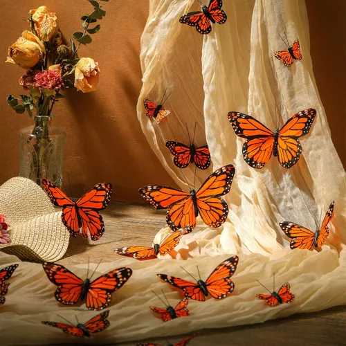 Miniatura 4 de Ysleen 24 piezas de decoración de mariposa monarca de plumas 3D, 4 tamaños, decoraciones de pared de mariposa, calcomanías artificiales falsas
