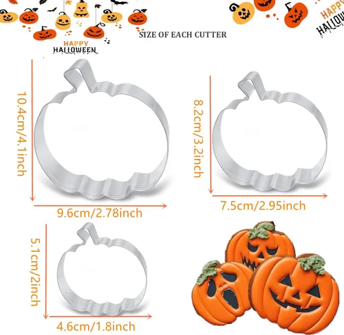 Miniatura 3 de Juego de cortadores de galletas de calabaza, 4 pulgadas, 3.2 pulgadas, 1.96 pulgadas, cortador de galletas de Halloween, otoño, Acción de Gracias