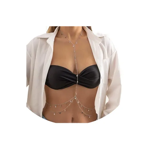 Bounzhi Cadena de cuerpo sexy de plata con diseño de cruz de bikini en la cintura del vientre y cadenas de cuerpo con borla de estrella, collar de
